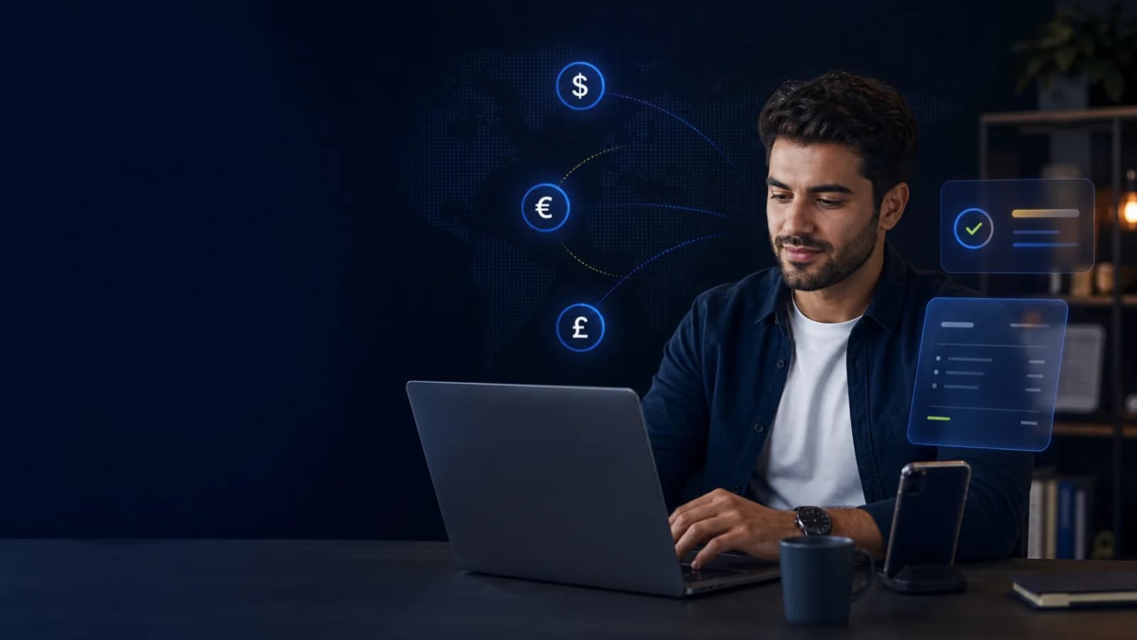 Noutbuk qarşısında beynəlxalq valyutalarda ödəniş qəbul edən freelancer